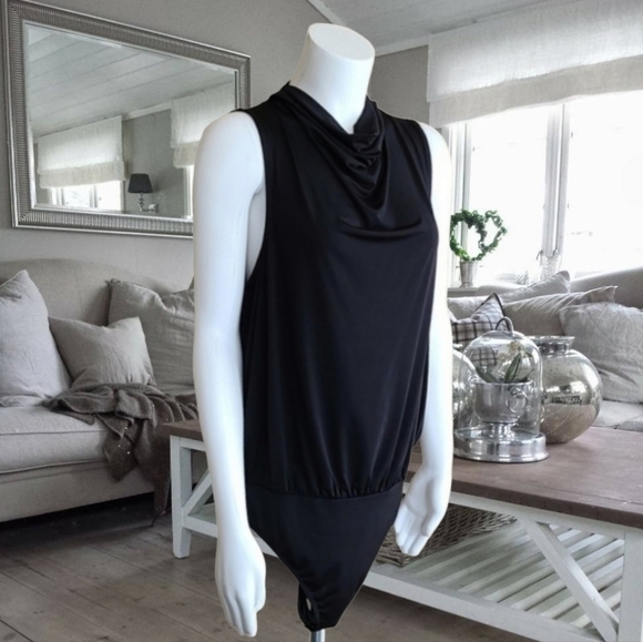 EXPRESS Black Cowl Neck Sleeveless Bodysuit L One Piece Shell Drape Neck Thong - Picture 2 of 16